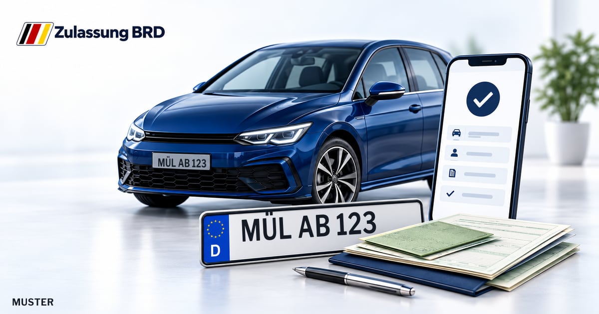 Online Fahrzeugzulassung in Kirchzarten: Musterkennzeichen MÜL AB 123, Auto und Fahrzeugpapiere und Smartphone. Illustration mit Logo von Zulassung BRD.